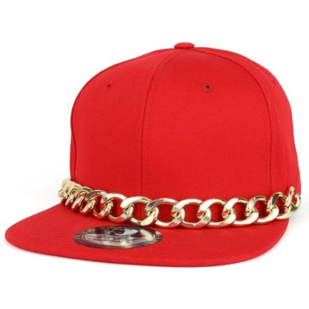 Red Snapback Hat with Gold Chain Detail | Bold & Stylish Accessory